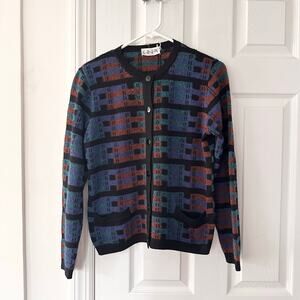 Gispa Italy Multicolored Black Trim Wool Blend Vintage Cardigan 40IT Soft Preppy